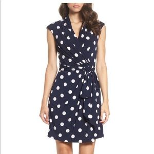 Eliza J Polka Dot Jersey Faux Wrap Dress, Navy, Size 2